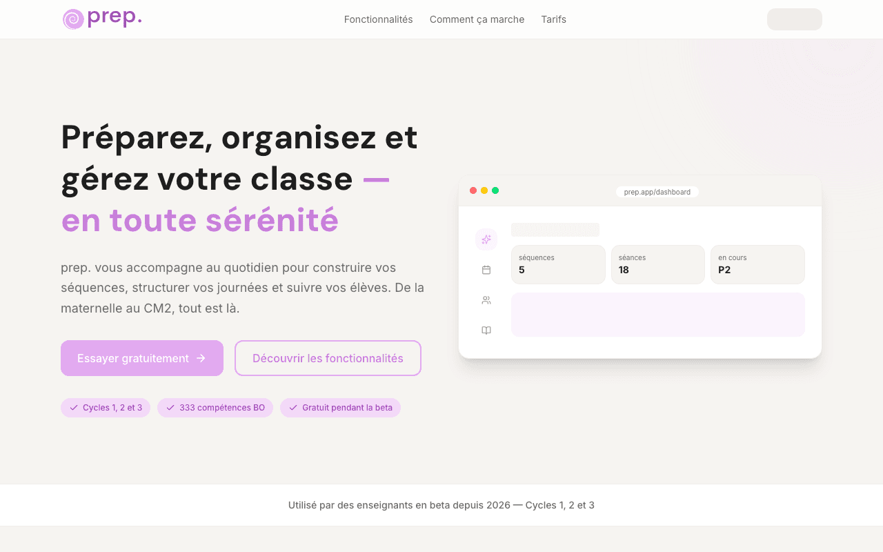 Interface de l'application SaaS prep. pour enseignants de maternelle