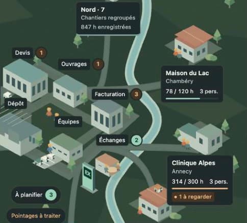 Prototype de la visualisation de Cordeau : l'entreprise dessinée en campus isométrique, ses services en bâtiments (devis, ouvrages, facturation, dépôt, équipes, échanges) et ses chantiers autour, avec heures et budget ; données fictives